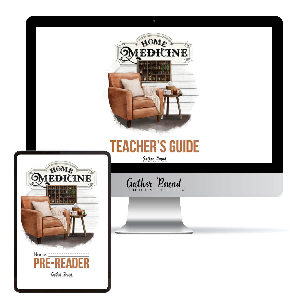 A digital mockup showing a desktop monitor and tablet displaying a homeschool curriculum cover titled 'Home Medicine Teacher's Guide' by Gather Round Homeschool. The cover features an illustration of a brown leather armchair, a medicine shelf, and a small side table on a white wood-textured background.