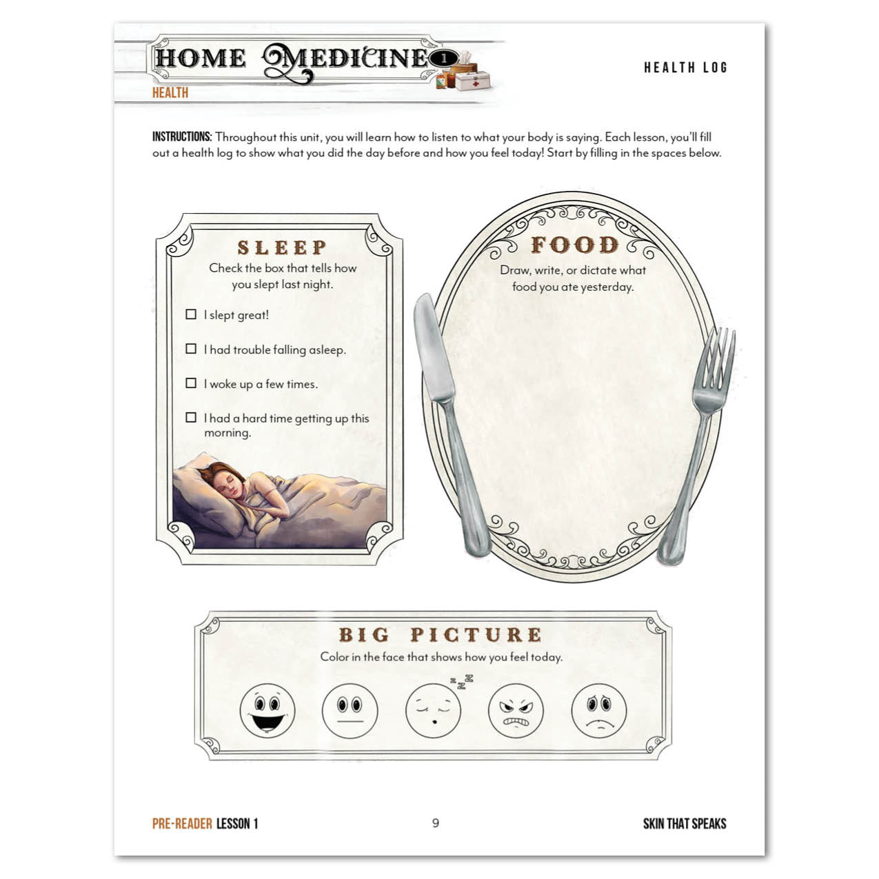 An educational worksheet titled 'Home Medicine Health' with sections for a reflection on sleep, food, and 'big picture'.