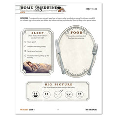 An educational worksheet titled 'Home Medicine Health' with sections for a reflection on sleep, food, and 'big picture'.