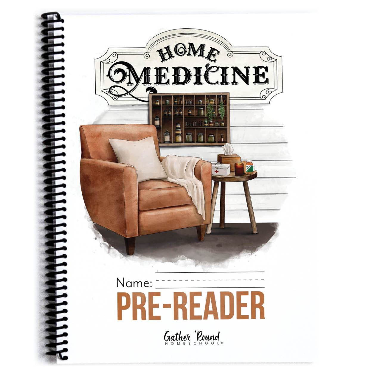 Cover for 'HOME MEDICINE Pre-Reader' unit, features a brown armchair and small side table in the center. 