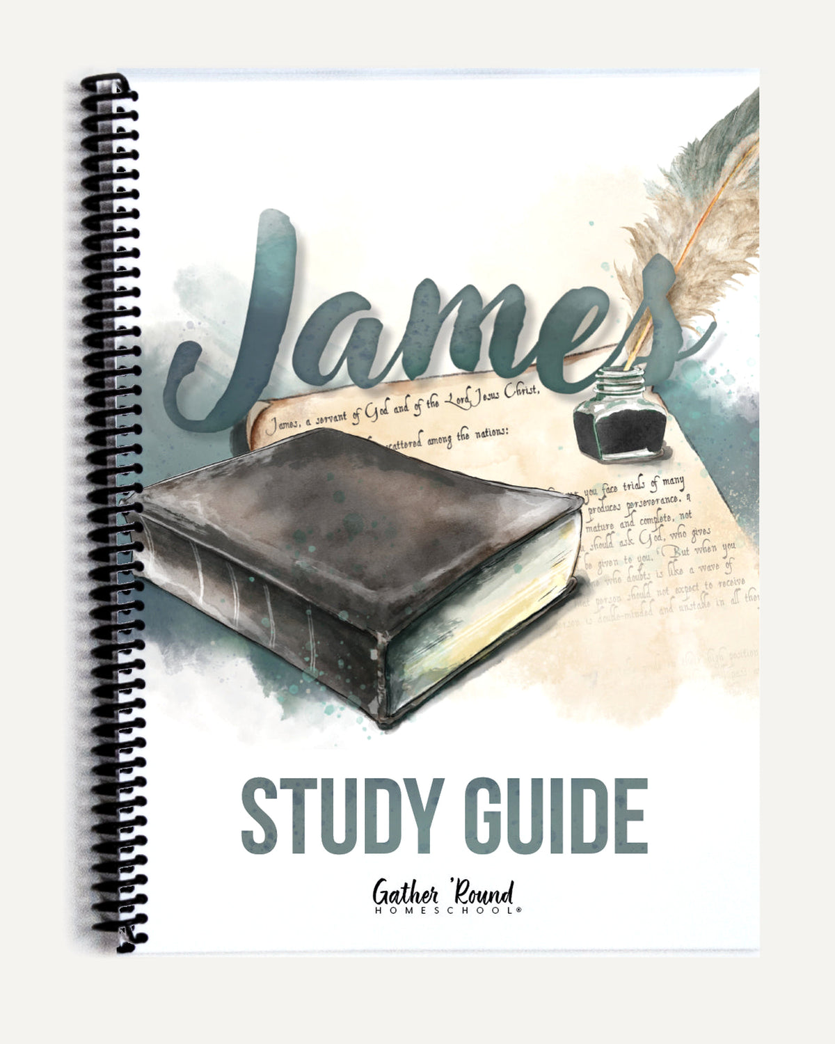 A spiral-bound study guide book cover featuring a watercolor illustration of an Bible, ink bottle, feather quill, and the word 'James' in large script, with 'STUDY GUIDE' printed below.
