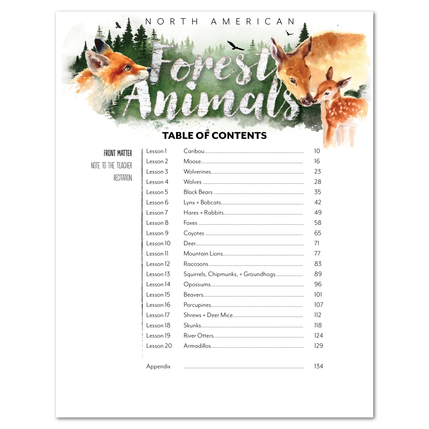 North American Forest Animals homeschool unit study print teacher's guide table of contents