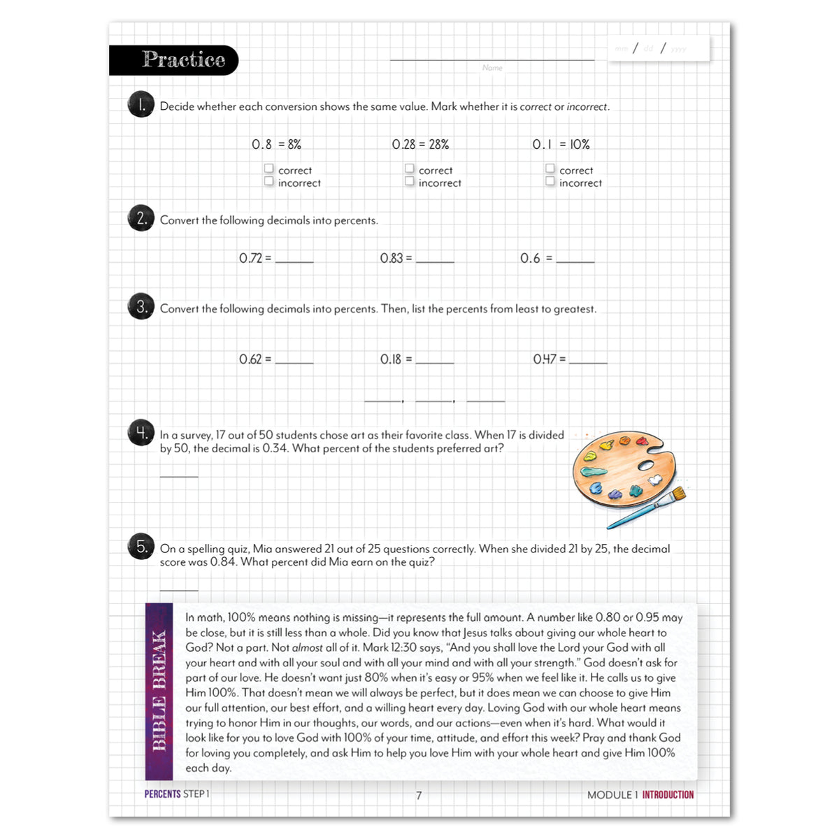 A printed worksheet page titled 'Practice' with math conversion and percentage exercises, plus a 'Bible Break' section at the bottom. The page has a white background, black text, a light gray grid, and small colorful image of a paint pallet and brush.