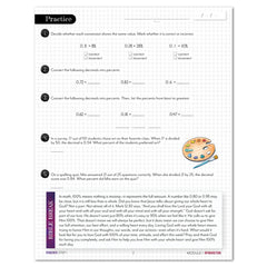 A printed worksheet page titled 'Practice' with math conversion and percentage exercises, plus a 'Bible Break' section at the bottom. The page has a white background, black text, a light gray grid, and small colorful image of a paint pallet and brush.
