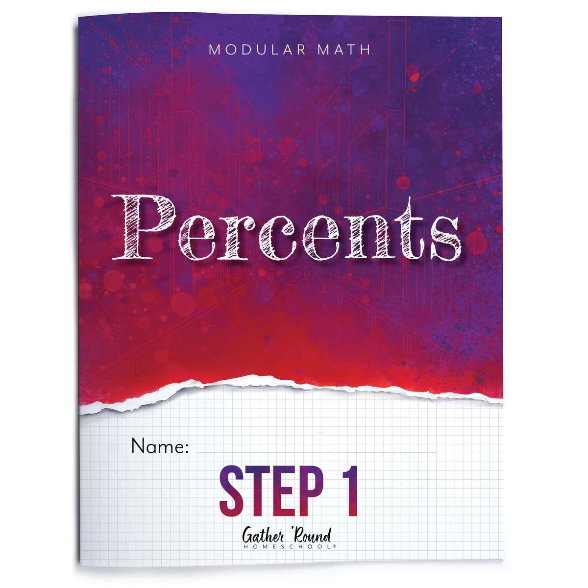 Book cover of 'Modular Math: Percents Step 1' with a red and purple gradient.