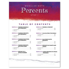 Table of contents page for a modular math curriculum titled 'Percents Step 1,' with a purple-to-white gradient header and black text listing modules on a white background with a torn-paper effect at the bottom.