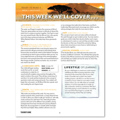 Teaching pages titled 'THIS WEEK WE'LL COVER,' showing a Teacher's Edition layout with sections for science, Bible, language arts, math, art, and social studies, plus a 'Lifestyle of Learning' box.