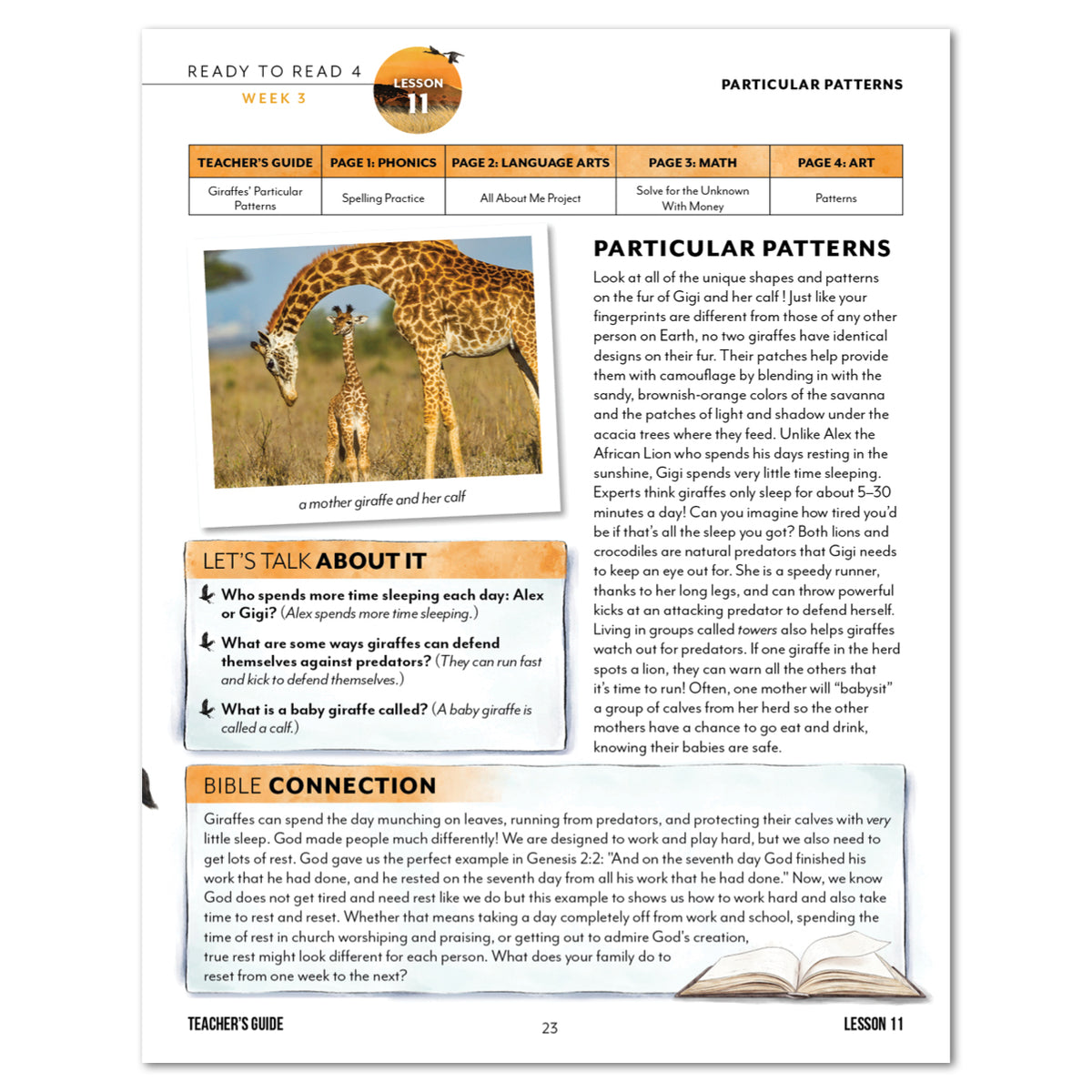 Educational page titled 'Particular Patterns' with text blocks, a small Bible verse, and a photo of a giraffe.