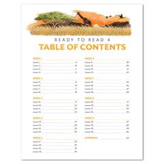 Table of contents page with a watercolor-style illustration of a grassy hill and bird at the top, headed 'READY TO READ 4 TABLE OF CONTENTS' and organized by weeks and appendix on a white page.