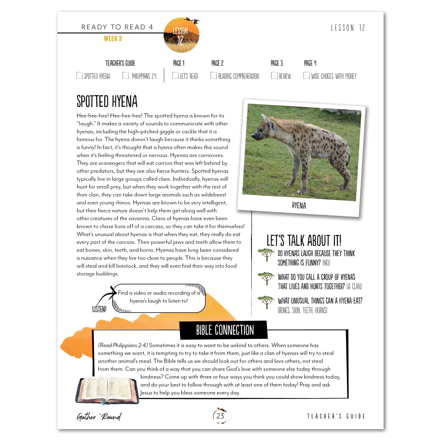 Ready to Read 4 On The Savannah Homeschool Unit Study Printed Teacher's Guide Week 3 Lesson 12