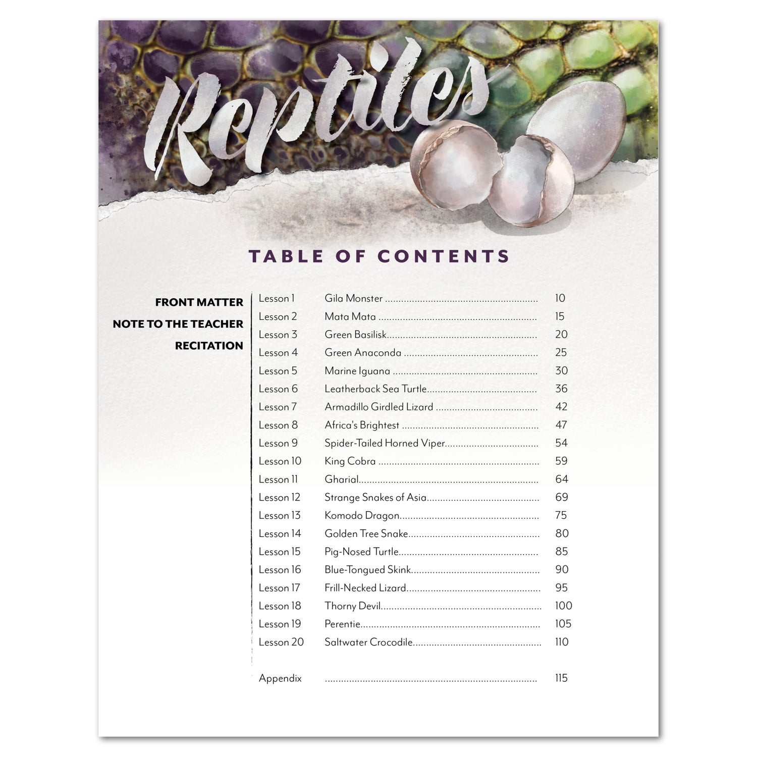 Reptiles homeschool unit study printed teacher's guide table of contents