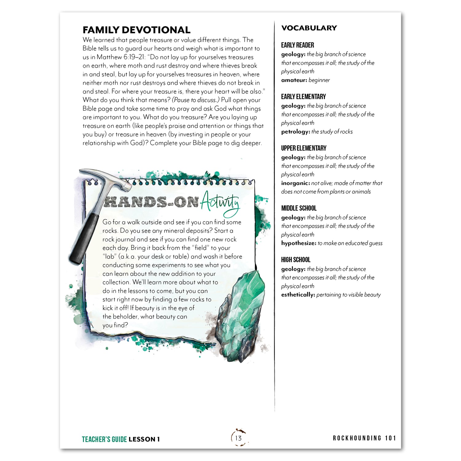 Rocks + Minerals homeschool unit study printed Teacher's Guide family devoltional