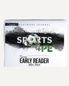 Sports + PE homeschool unit study, print student seatwork journal in cursive for early reader