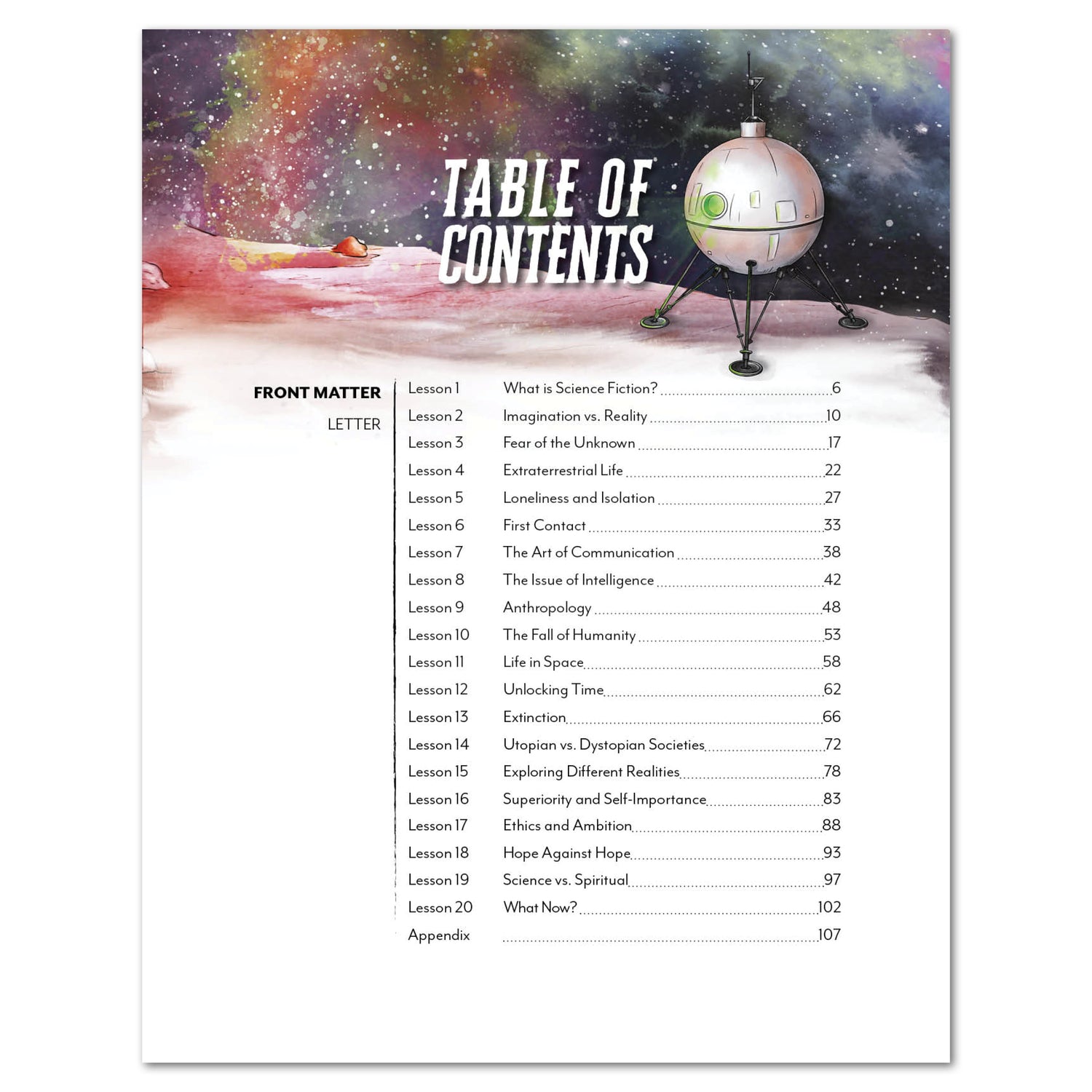 Science Fiction homeschool mini unit novel study printed table of contents