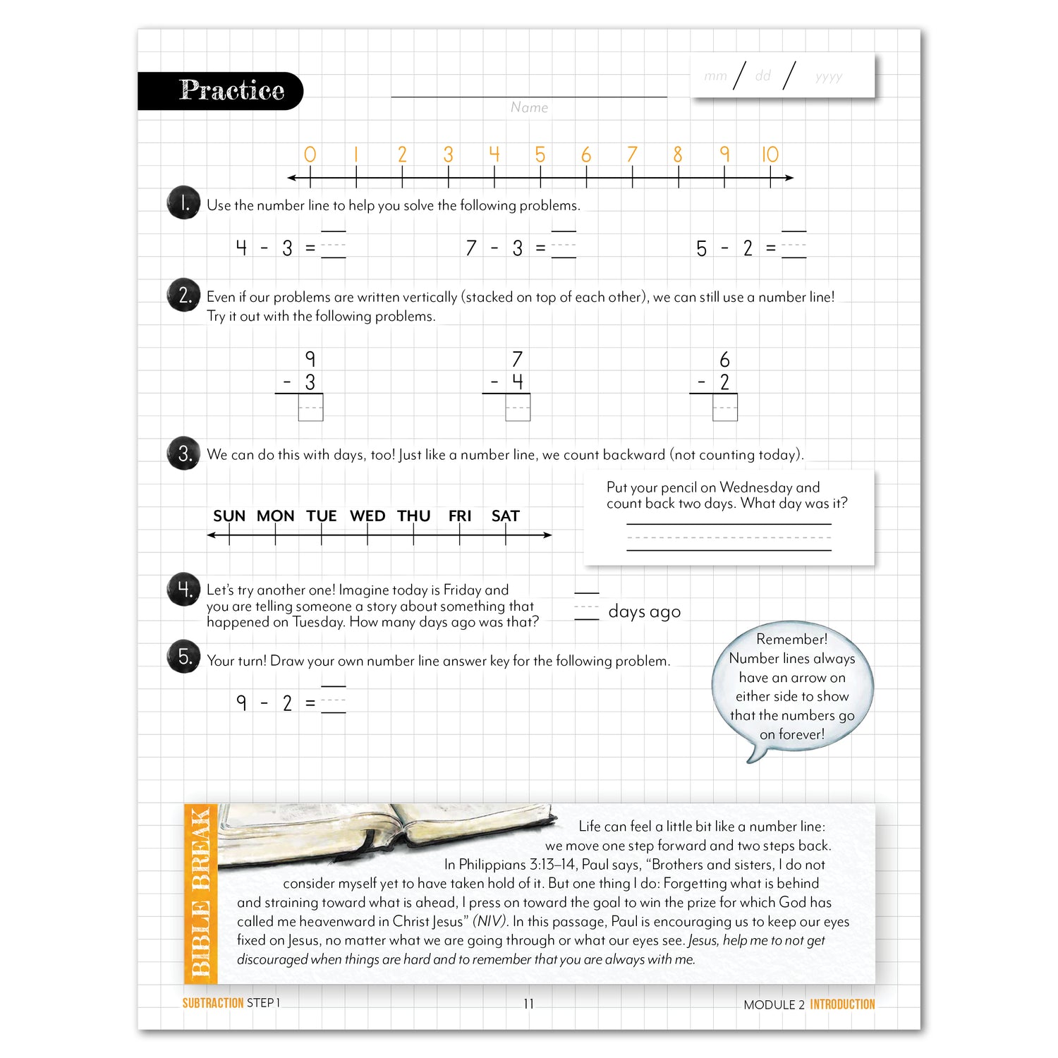 Subtraction Modular Math step 1 printed book module 2 introduction