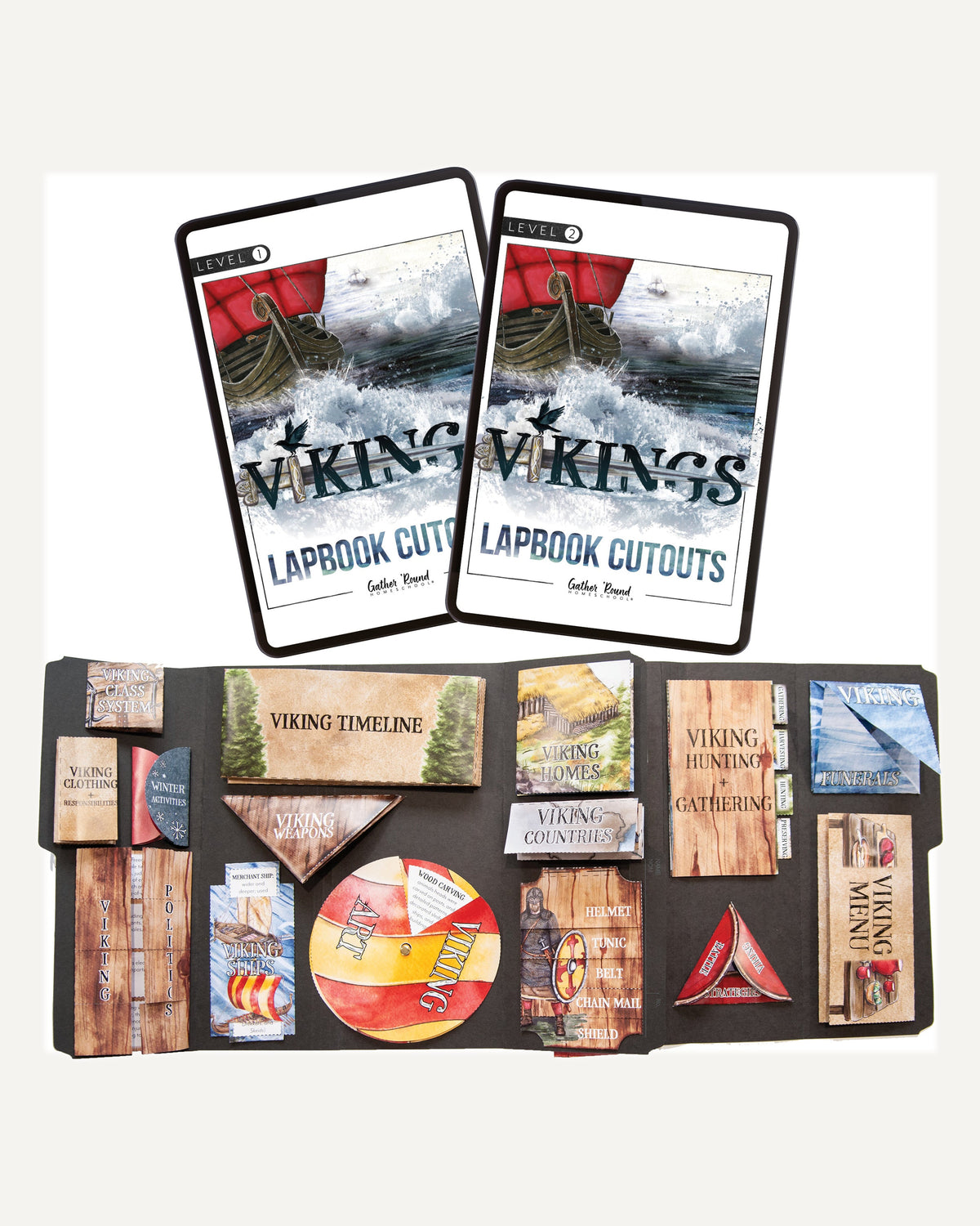 Vikings Homeschool Unit Study Digital Lapbook Level 1 and Level 1 Cutouts and Finished Lapbook Picture