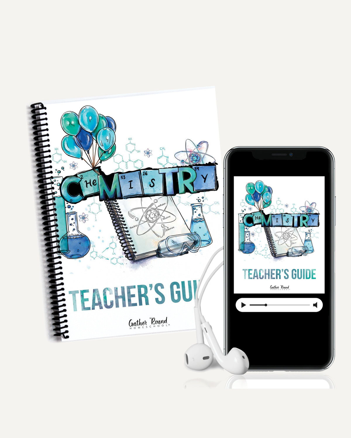 Chemistry MP3 Teacher's Guide: the book beside a phone playing the audio