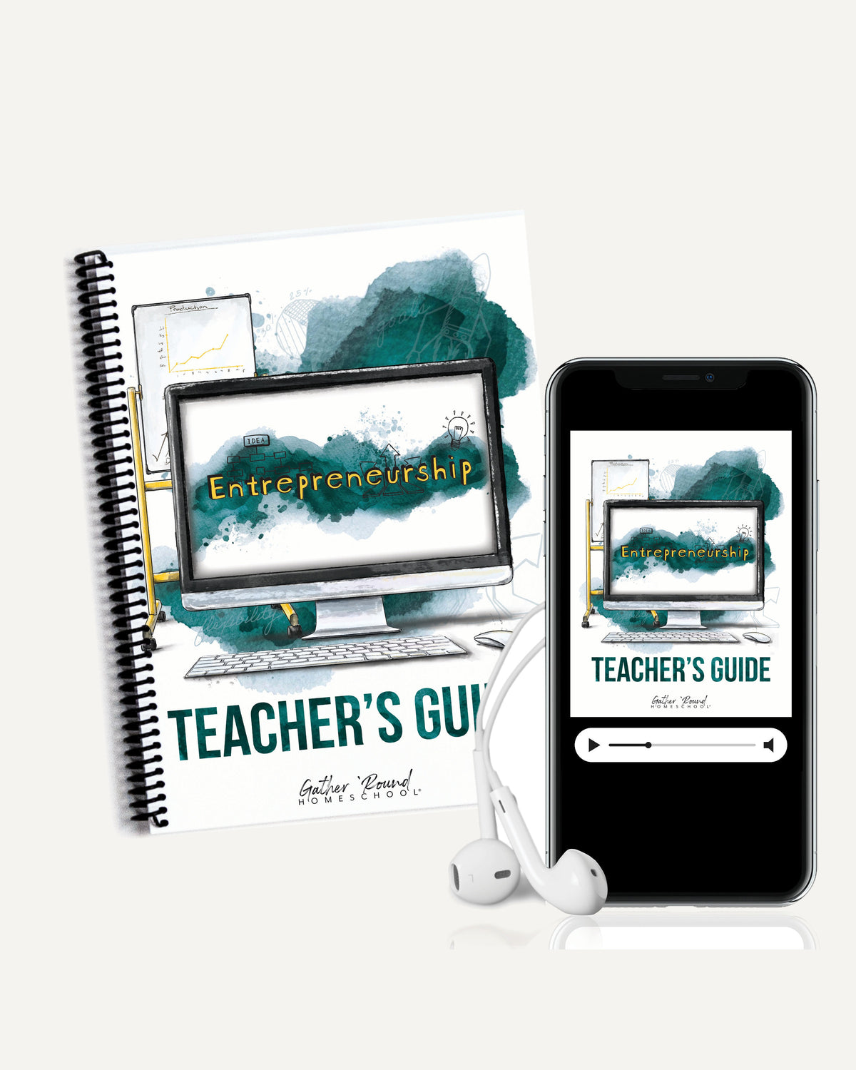 Entrepreneurship MP3 Teacher's Guide: the book beside a phone playing the audio