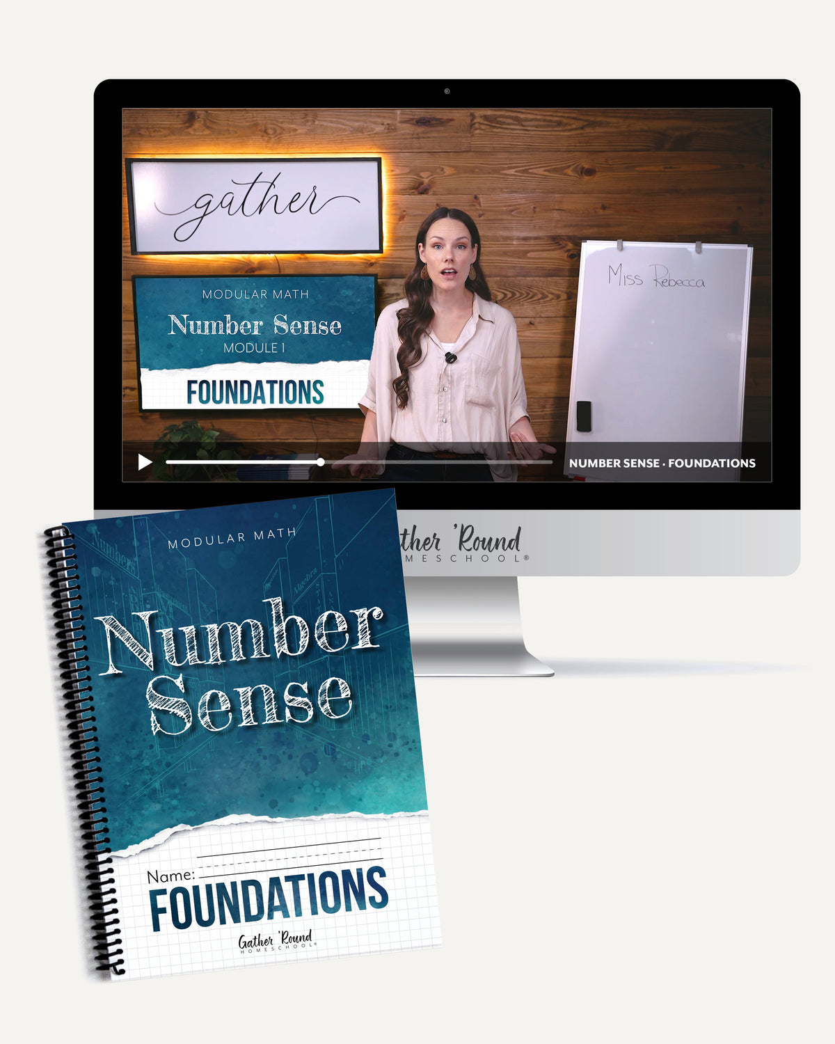 Number Sense Foundations on-demand math course: the Foundations book beside a computer showing the lesson