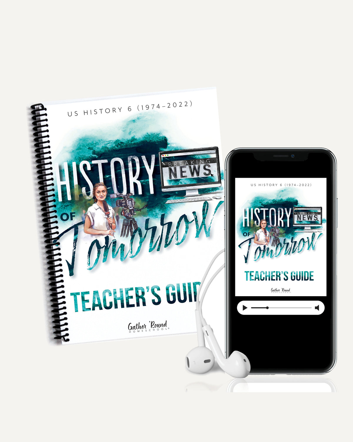 US History 6 MP3 Stories: the book beside a phone playing the audio