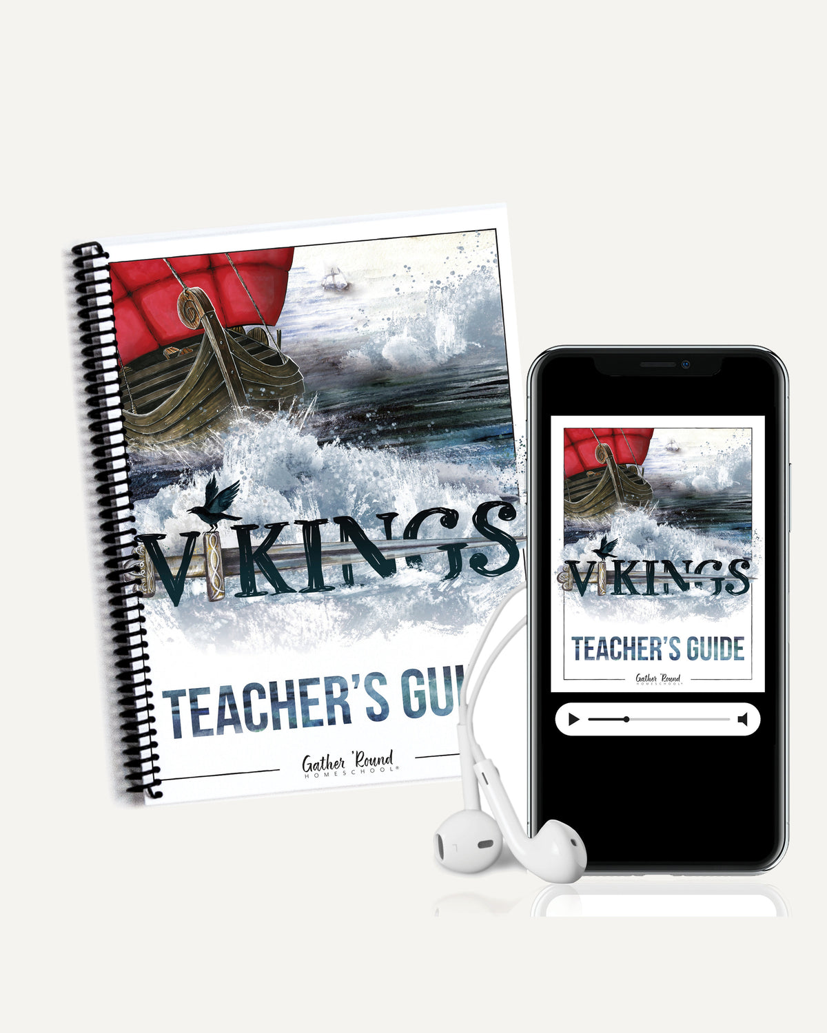 Vikings MP3 Teacher's Guide: the book beside a phone playing the audio