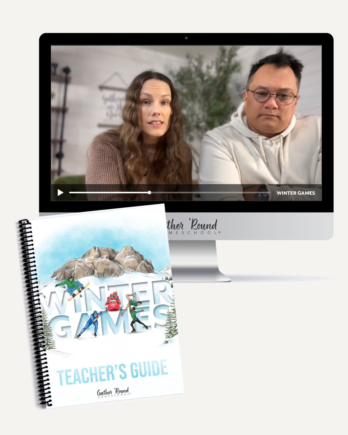 Winter Games on-demand video course: the Teacher's Guide beside a computer showing the class