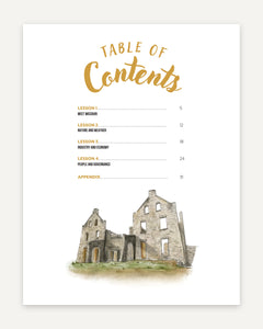 Teacher's Guide Table of Contents listing the titles of 4 lessons and an illustration of castle ruins.