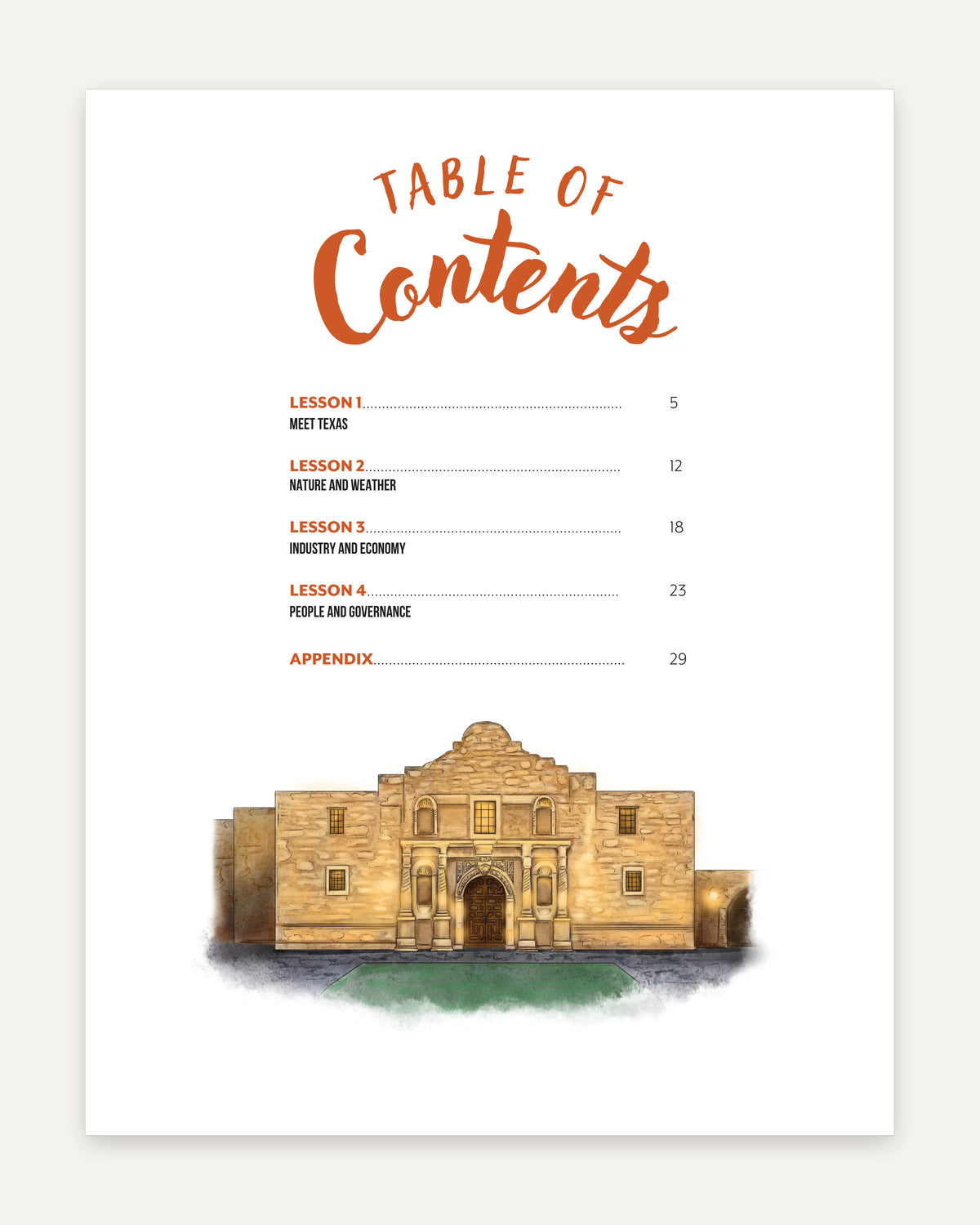 Table of contents page with orange title text, black lesson headings and page numbers, and a watercolor-style illustration of the Alamo at the bottom on a white page.