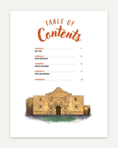 Table of contents page with orange title text, black lesson headings and page numbers, and a watercolor-style illustration of the Alamo at the bottom on a white page.