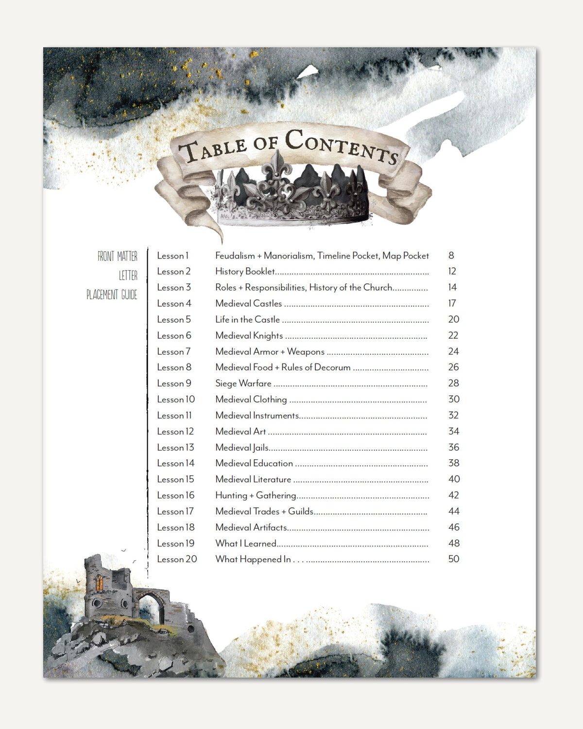 Middle Ages homeschool unit study digital student lapbook table of contents