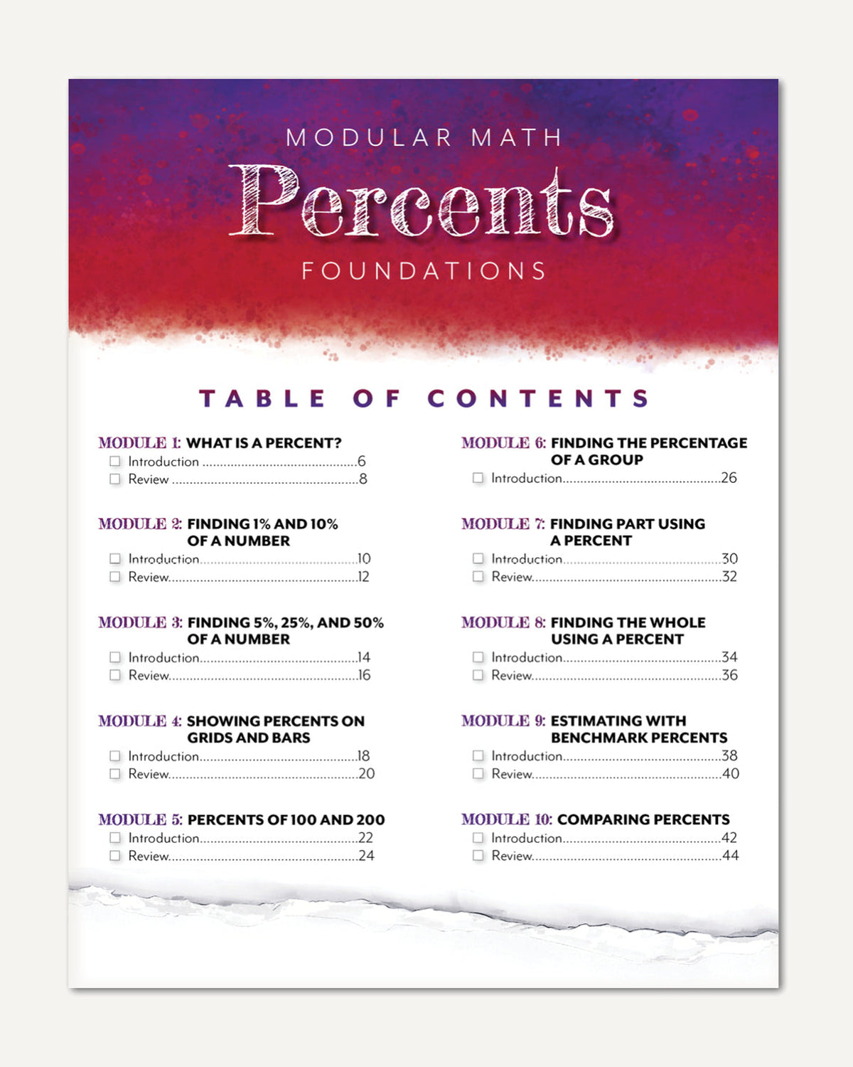 Table of contents page for a modular math curriculum titled 'Percents Foundations,' with a purple-to-white gradient header and black text listing modules on a white background with a torn-paper effect at the bottom.