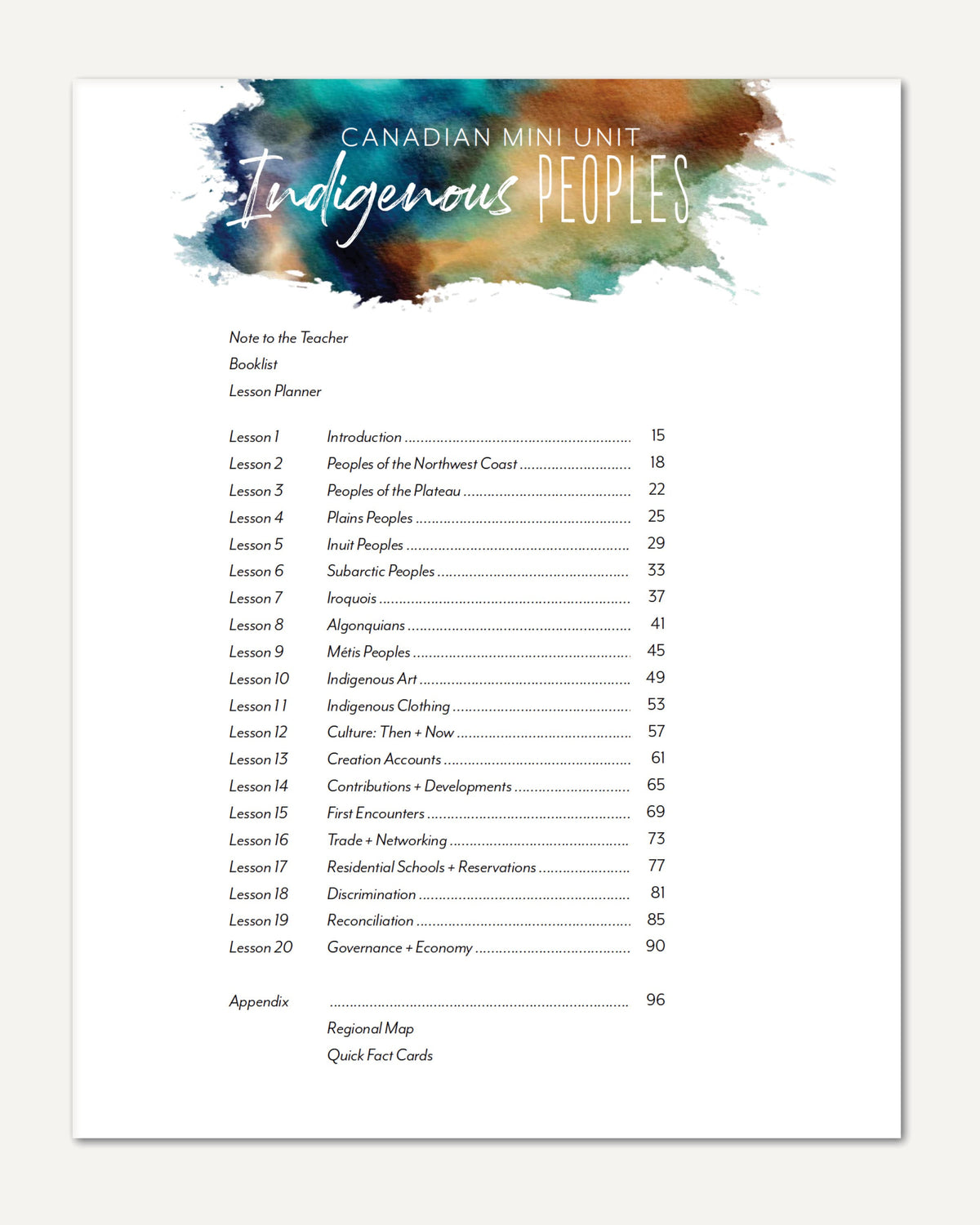 Indigenous Peoples homeschool unit study digital teacher's guide table of contents