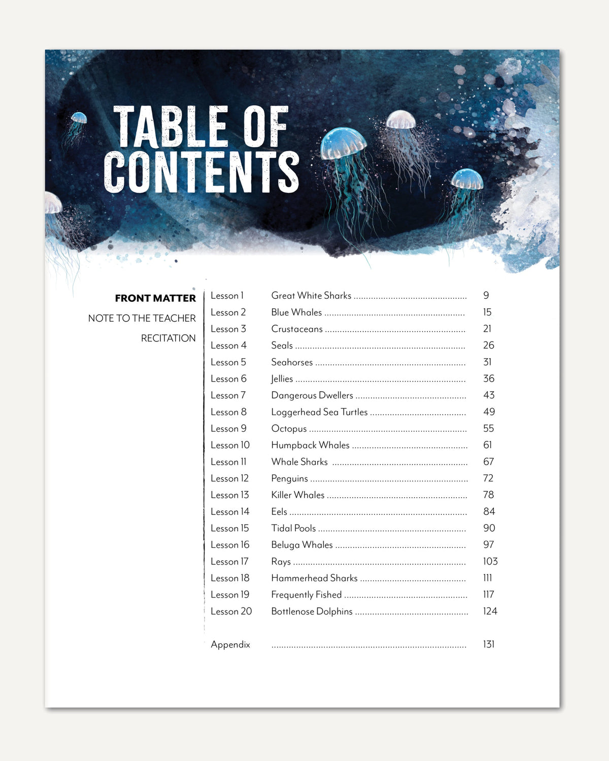 Ocean Life homeschool unit study digital teacher guide table of contents