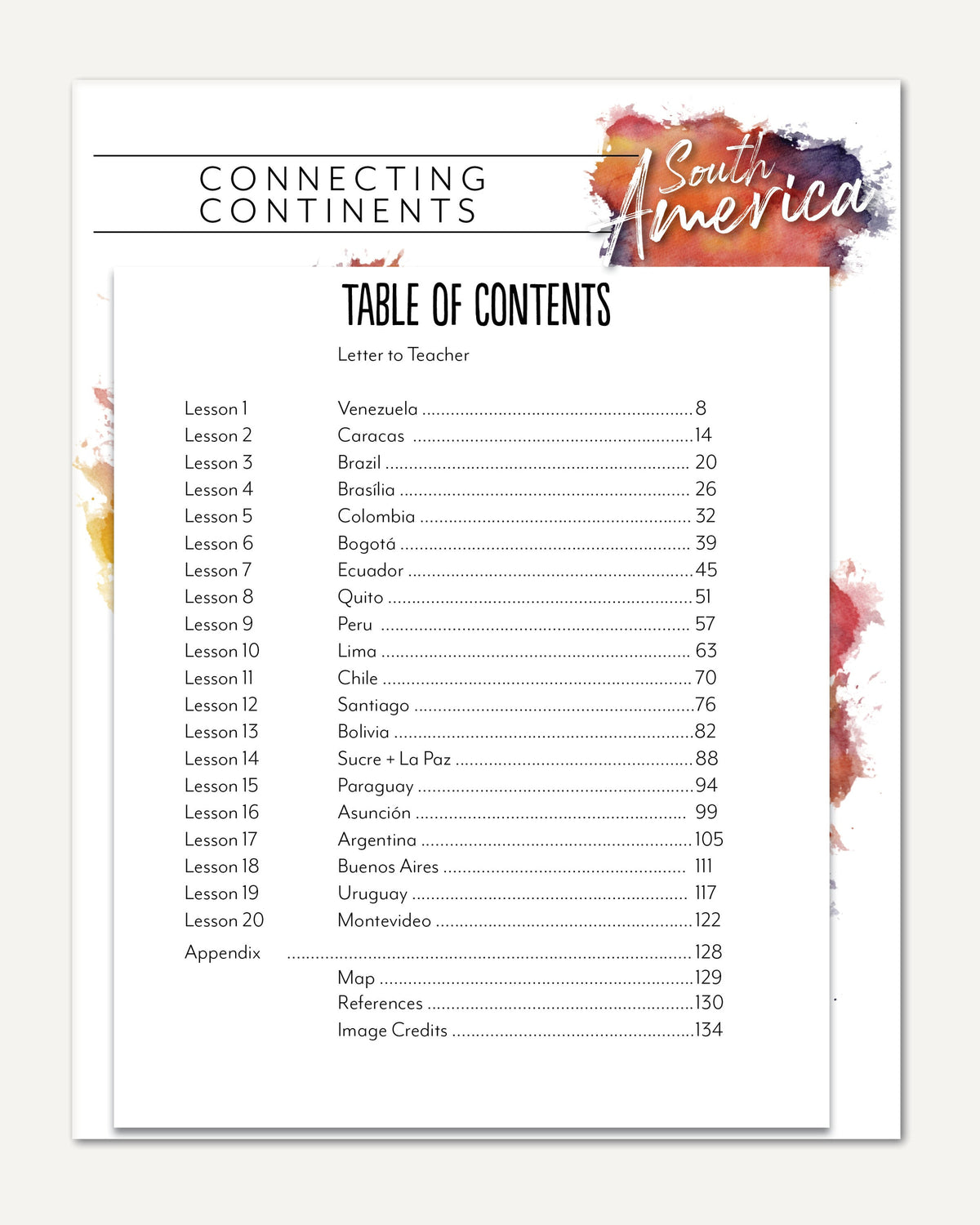 South America homeschool unit study digital teacher guide table of contents