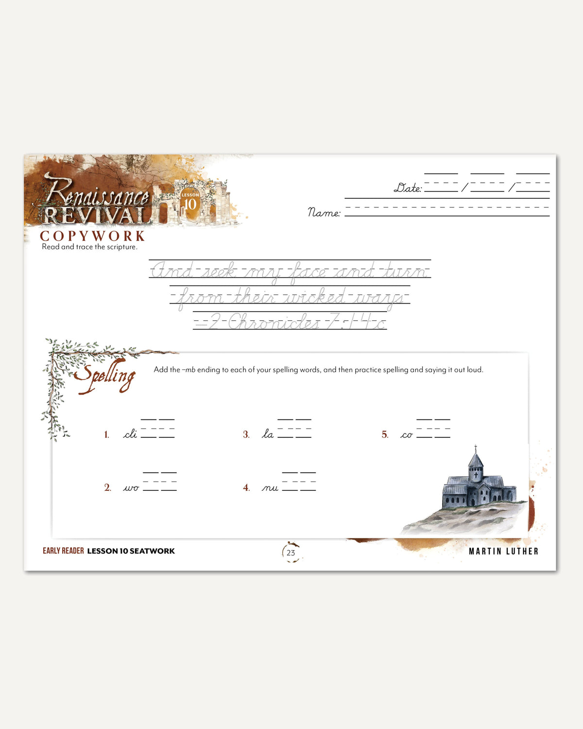 Renaissance and Revival Homeschool Unit Study Digital Seatwork Journal Cursive Early Reader Lesson 10  Copywork and Spelling