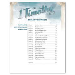 Table of contents for 1 Timothy student books with a decorative border.