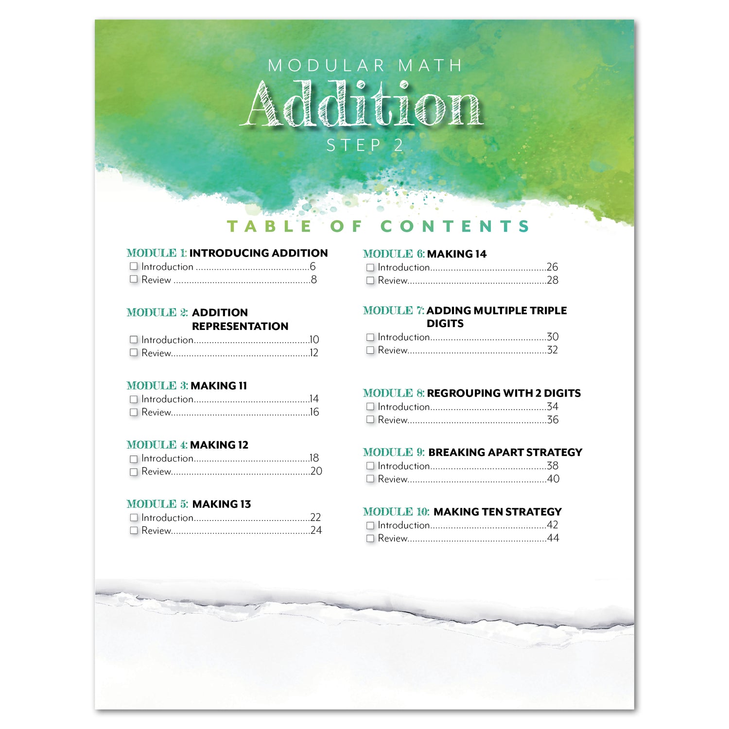Modular Math Addition Step 2 Printed Table of Contents Homeschool Unit