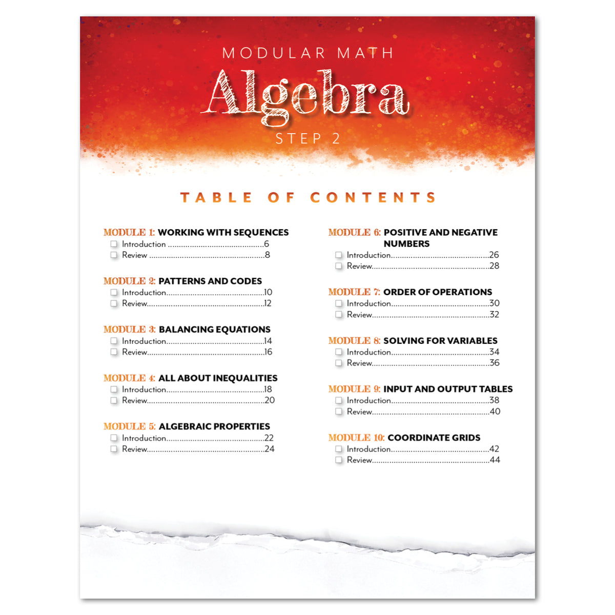 A table of contents page for a Modular Math Algebra Step 2 educational booklet, featuring a red and orange textured header, black text on a white page, and a torn-paper effect at the bottom.