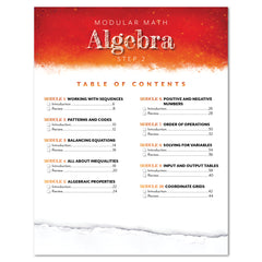 A table of contents page for a Modular Math Algebra Step 2 educational booklet, featuring a red and orange textured header, black text on a white page, and a torn-paper effect at the bottom.