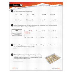A worksheet page titled 'Review' with arithmetic and word problems, a small hint box, a torn-paper orange header, and a small photo of cookies in a baking pan in the lower right corner.