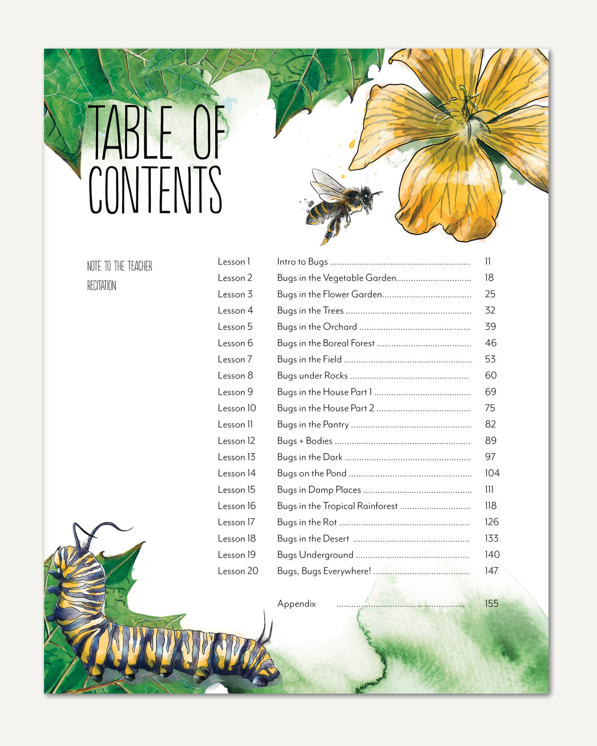 Creepy Crawlies Homeschool Unit Study Digital Teacher's Guide Table of Contents