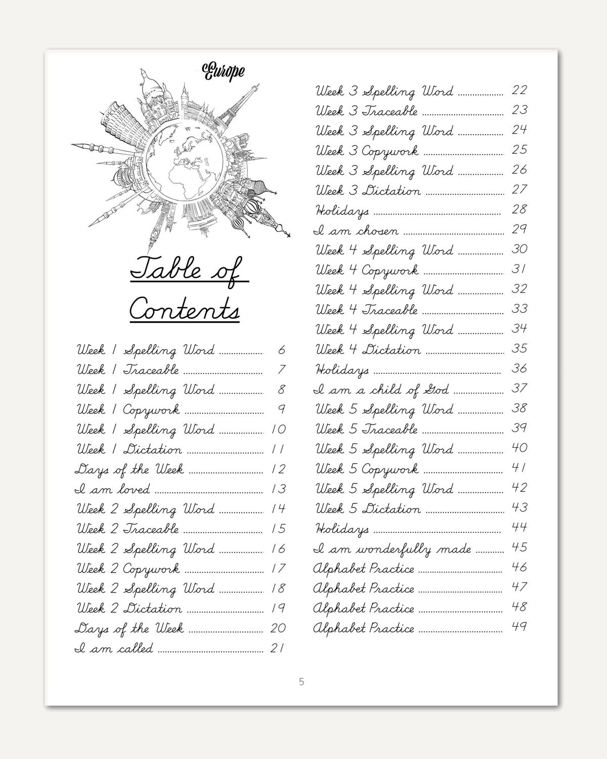 Europe homeschool unit study digital cursive student workbook table of contents