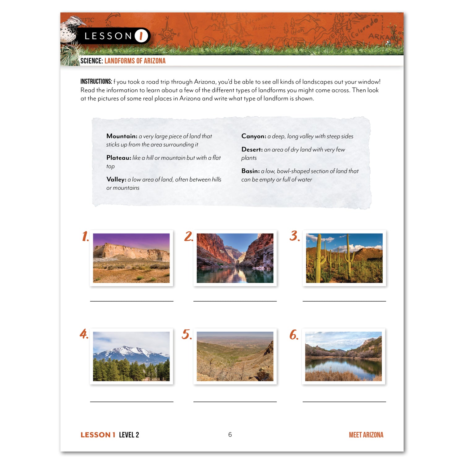 Arizona Fifty States Homeschool Unit Study Printed Student Book Level 2, Lesson 1 Page