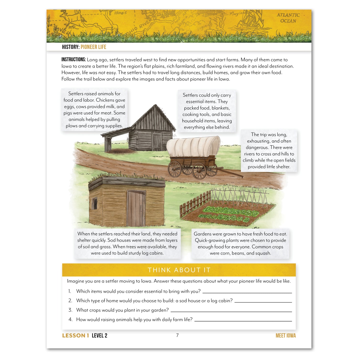 Iowa Fifty States Homeschool Unit Study Printed Student Book Level 2 Lesson 1 Page