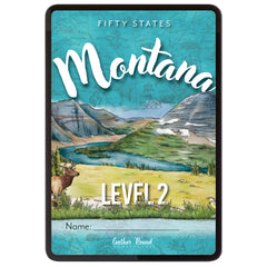 Digital cover of Montana Level 2 featuring illustrated scene of mountains, water, and an elk.