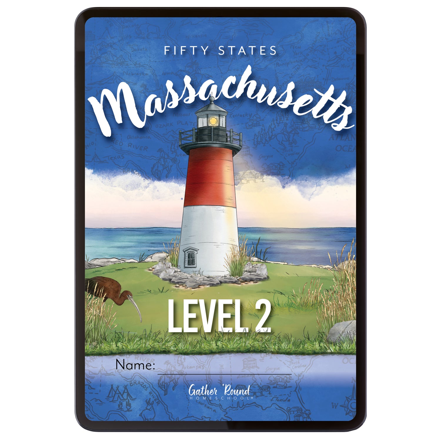 Digital book cover of 'Fifty States: Massachusetts' Level 2 with a lighthouse illustration on a blue background.