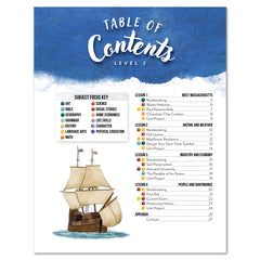 Table of contents example for student books with a ship illustration on a blue and white background