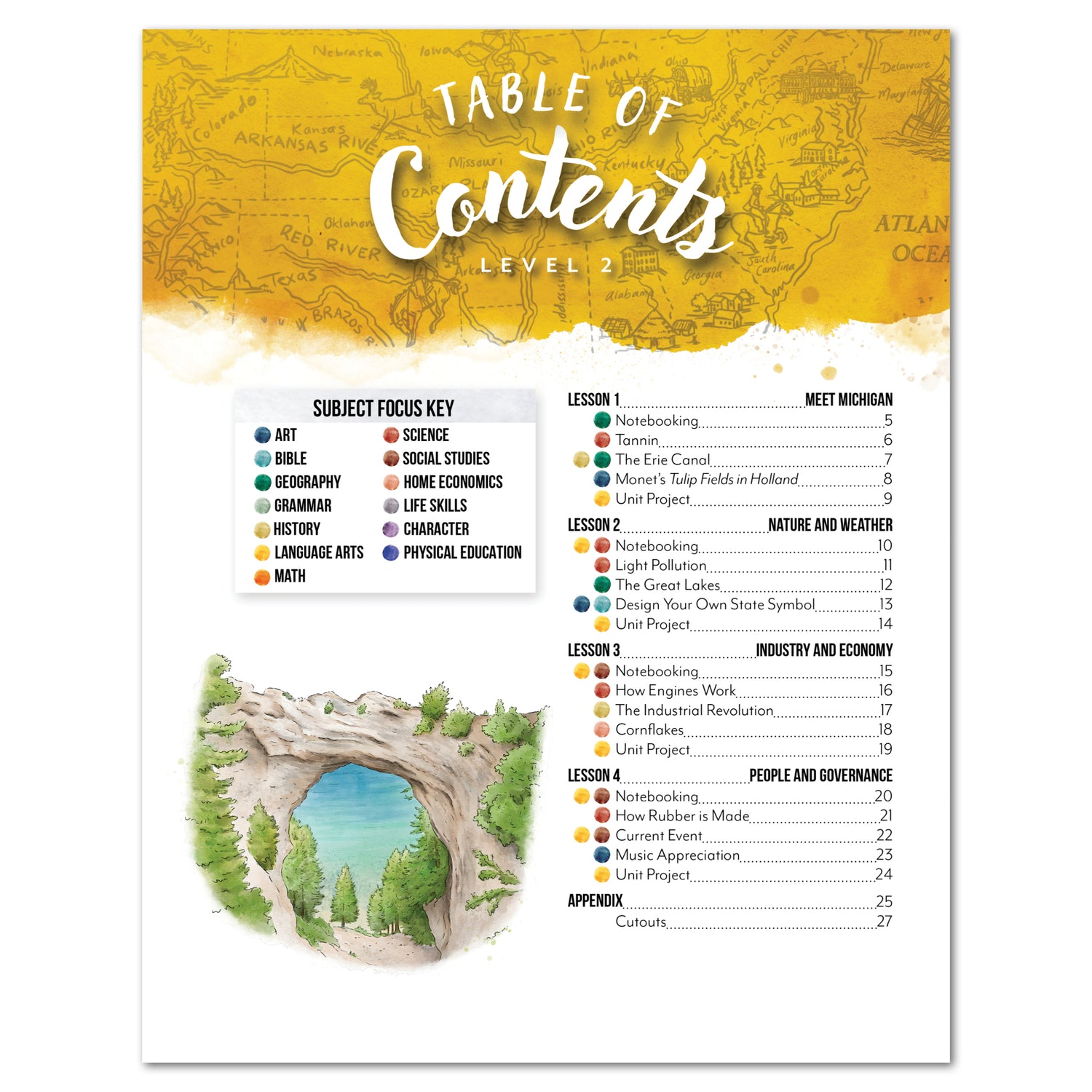 Table of contents for Michigan homeschool unit with a scenic illustration on a yellow and white background.
