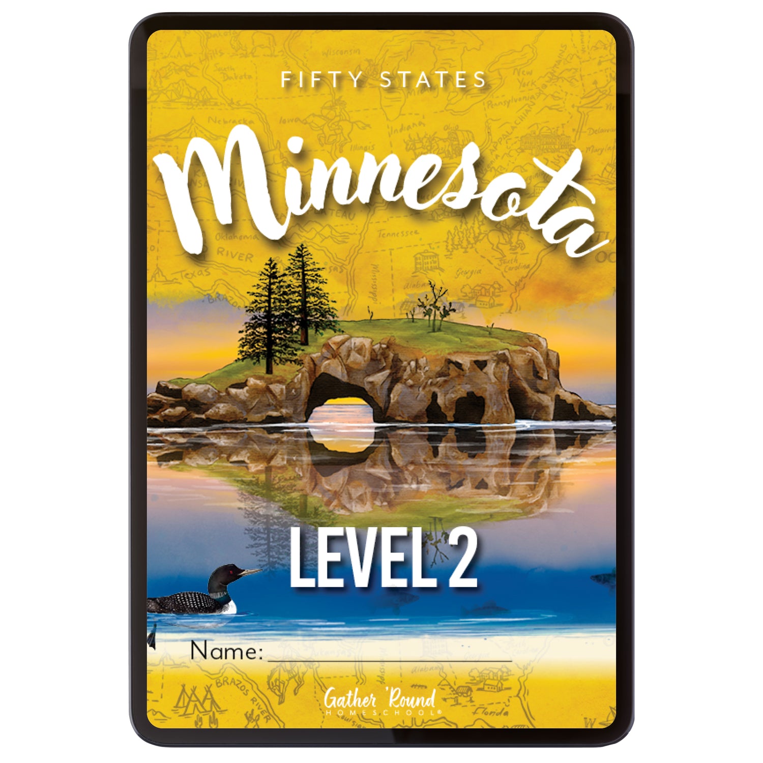 Digital book cover of 'Fifty States Minnesota Level 2' with a scenic illustration of a lake and trees.