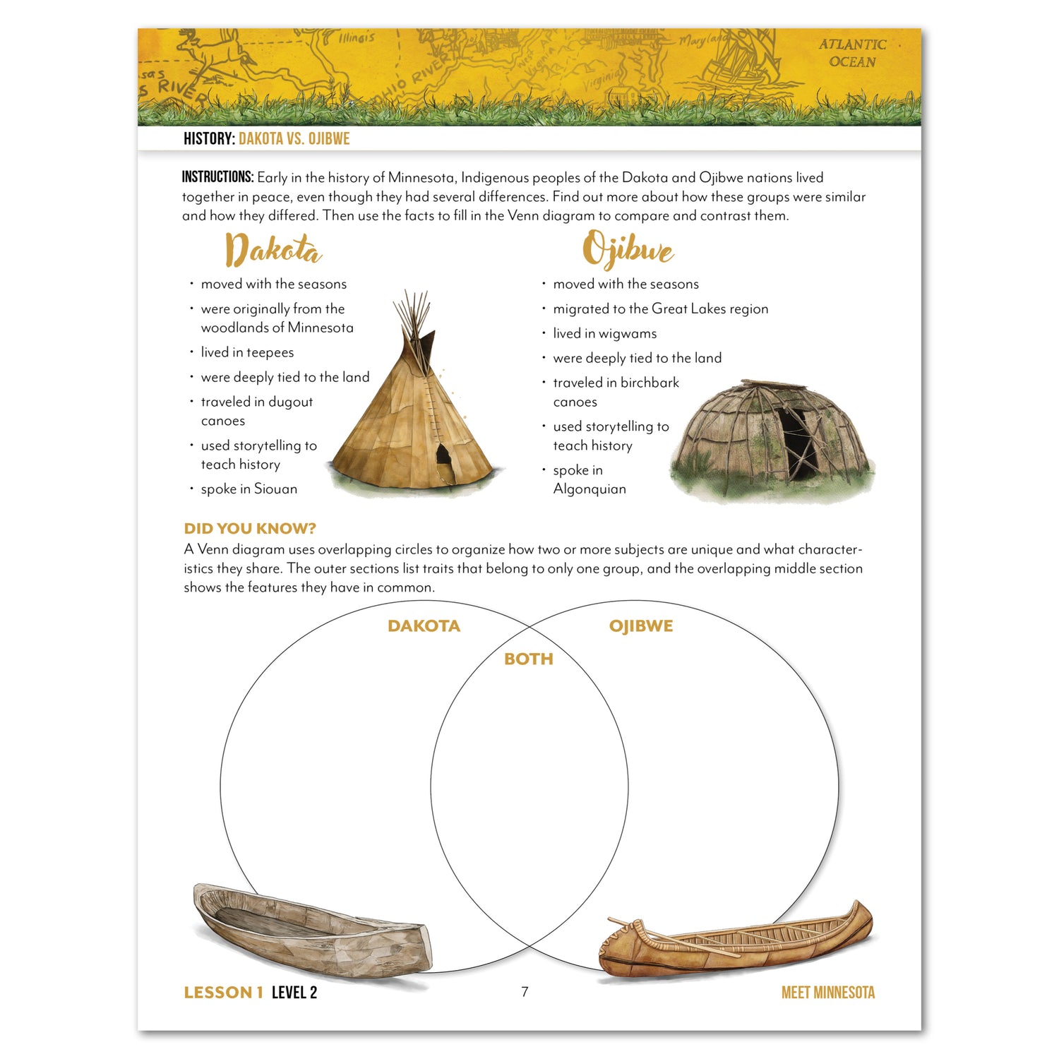 Educational worksheet comparing Dakota and Ojibwe Indigenous peoples of Minnesota, featuring illustrations of teepees and canoes.